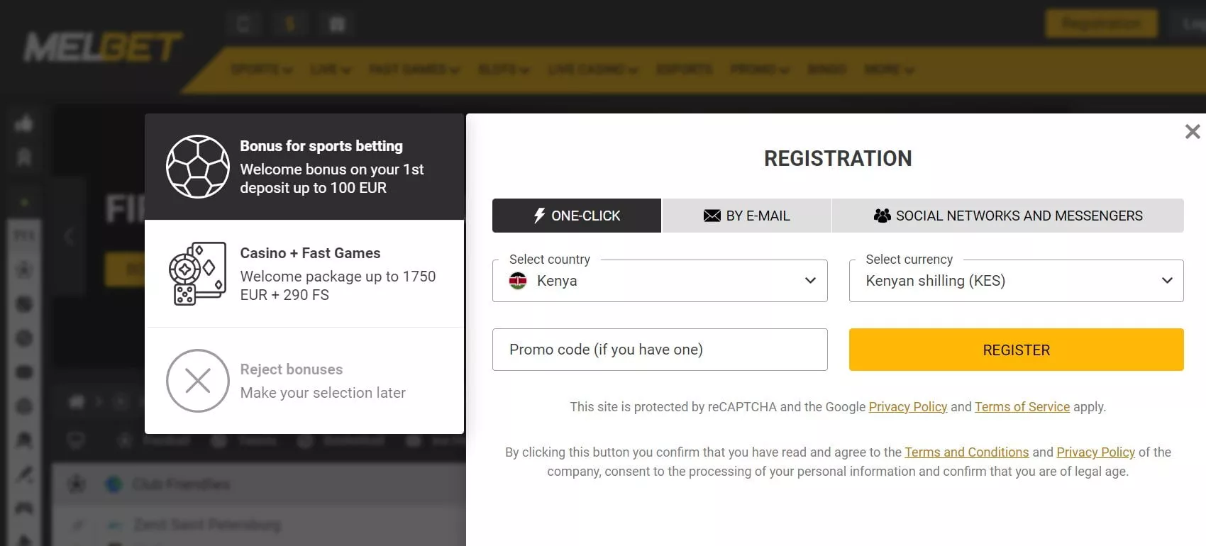 Melbet registration: One-click method