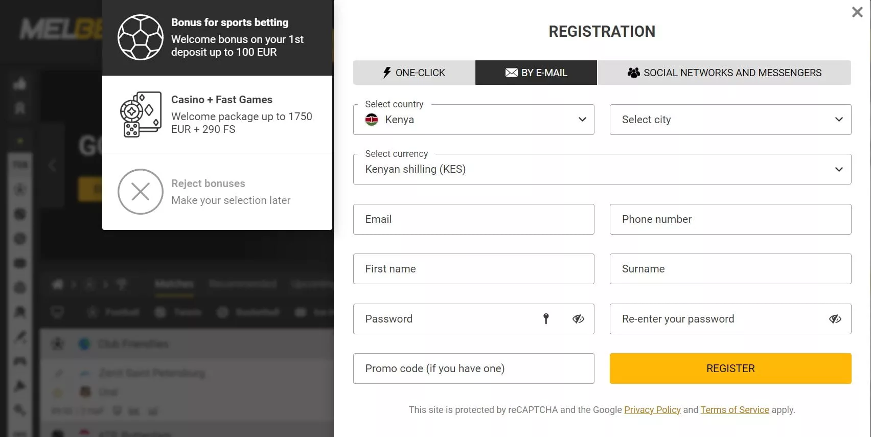 Melbet Kenya registration: Email method
