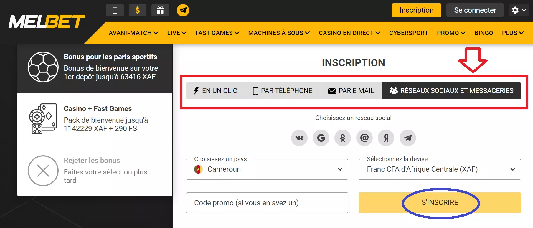 Melbet inscription avec les réseaux sociaux